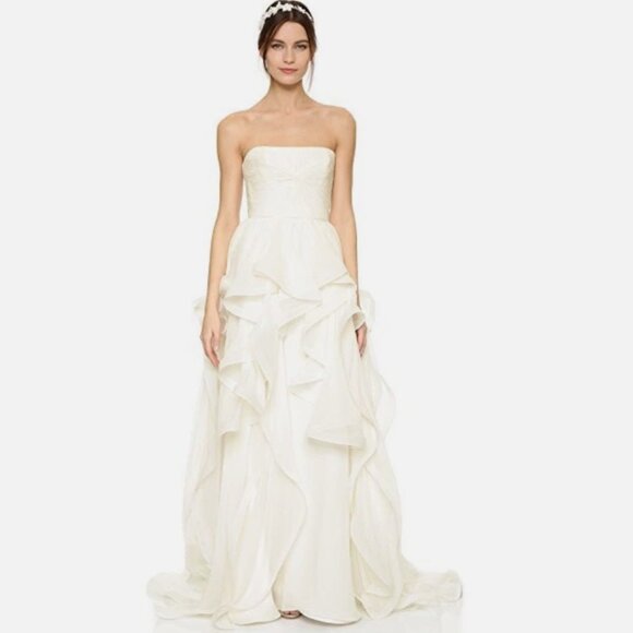 Reem Acra White Lilac Strapless Silk Ruffle Skirt Wedding Dress 10 (US 6)